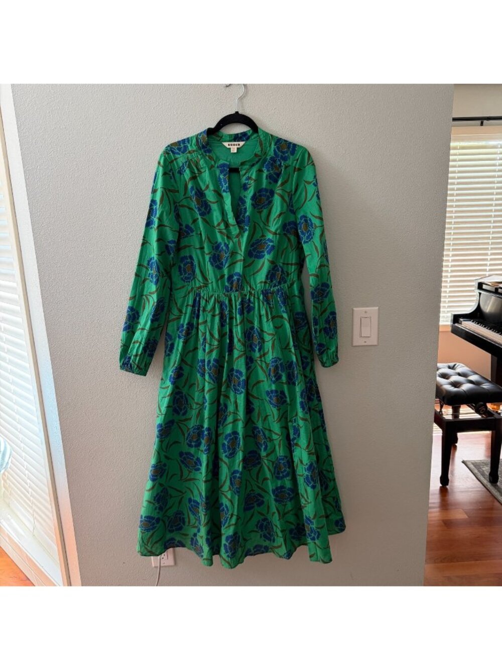 Boden Jen Cotton Midi Dress Ming Green Peony Sprig Womens 8 Regular Long Sleeve